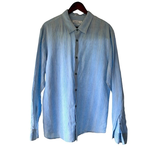 NEW Calvin Klein Long Sleeve Button Down Linen Shirt Size XL Thin Blue Stripe - Picture 4 of 11